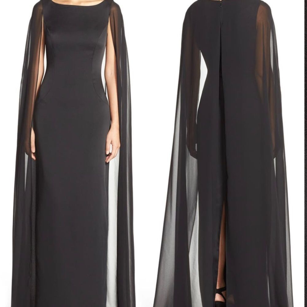 Adrianna Papell Crepe Satin Chiffon Cap Sleeve Long Black Gown Women 10‎ Formal